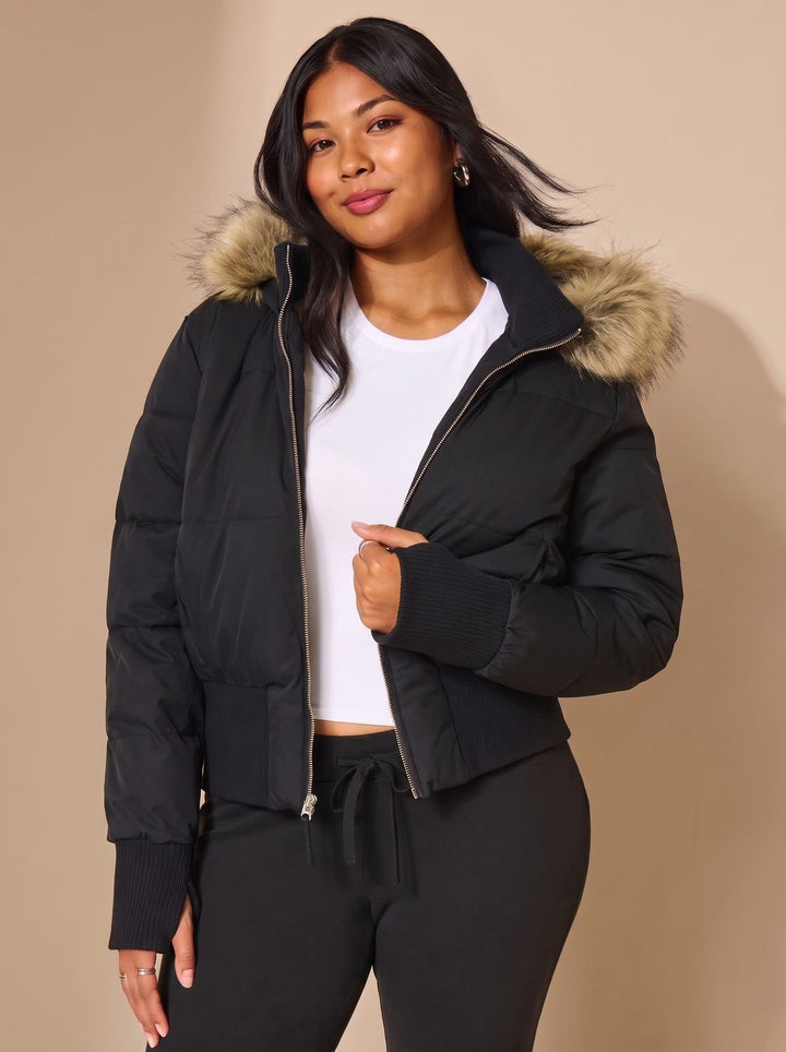 Women's Long Puffer Coat with Fitted Waist in Black
