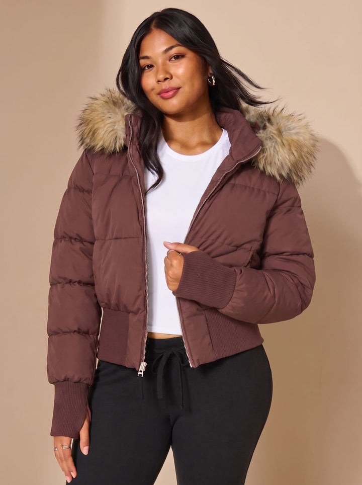 Women's Long Puffer Coat with Fitted Waist in Brown