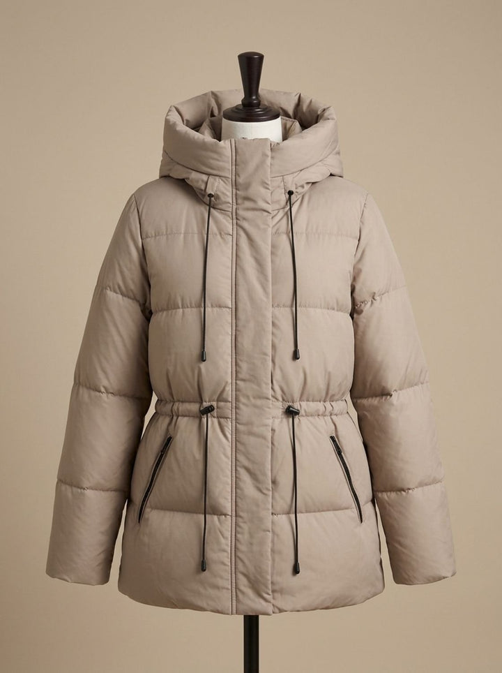 Women's Long Puffer Coat with Fitted Waist in Khaki