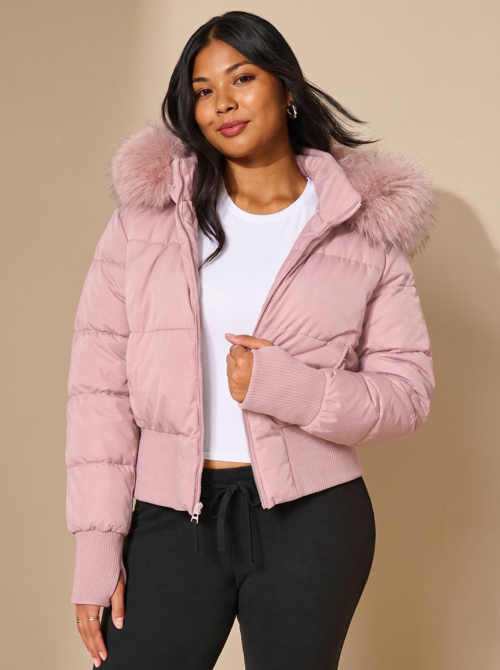 Women's Long Puffer Coat with Fitted Waist in Red