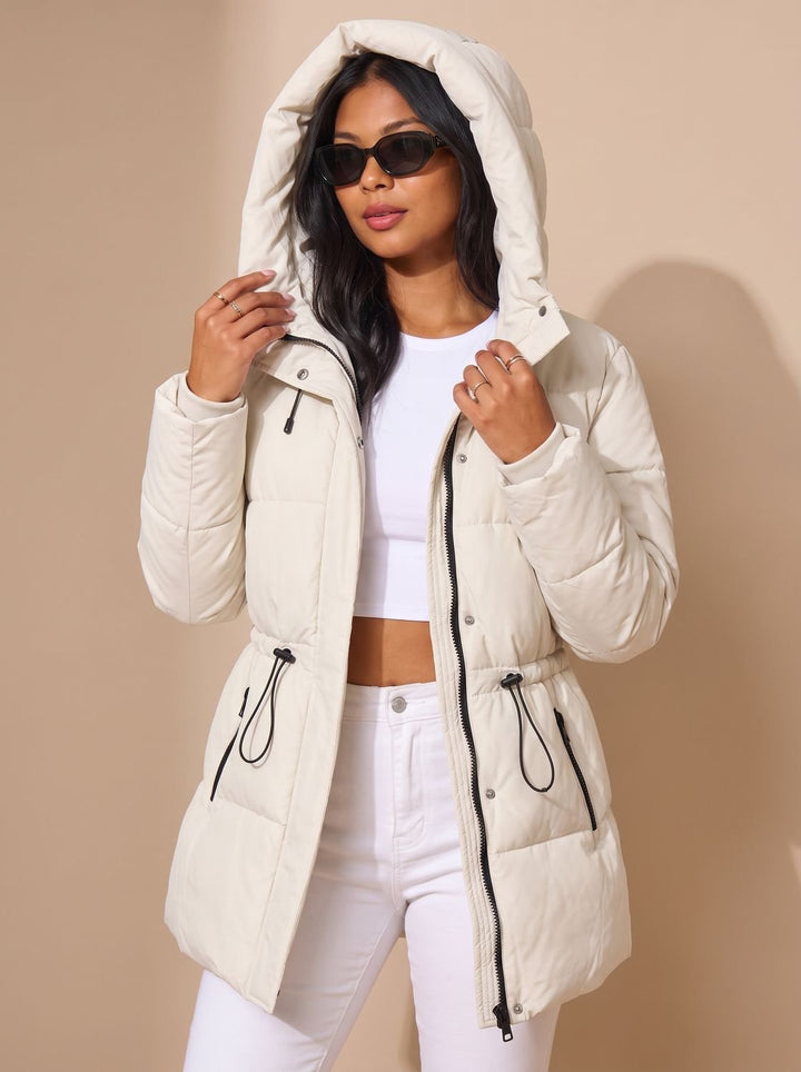 Women's Long Puffer Coat with Fitted Waist in White