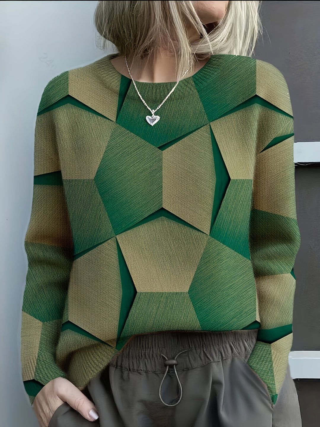Women's Long Sleeve Colorblock Knit Jumper Dress in Green