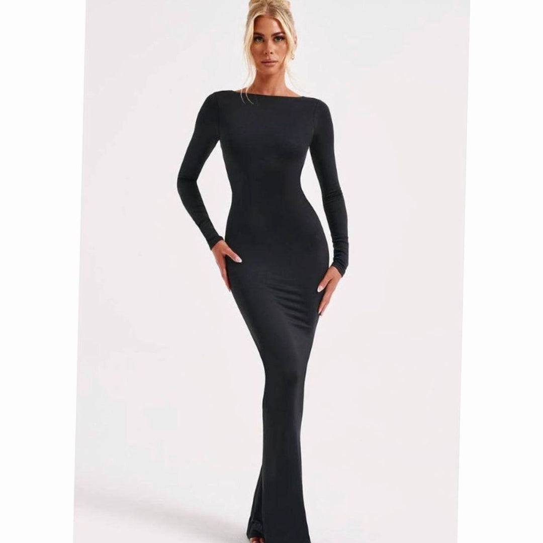 Women's Long-Sleeve Knit Maxi Wedding Guest Dress in Black