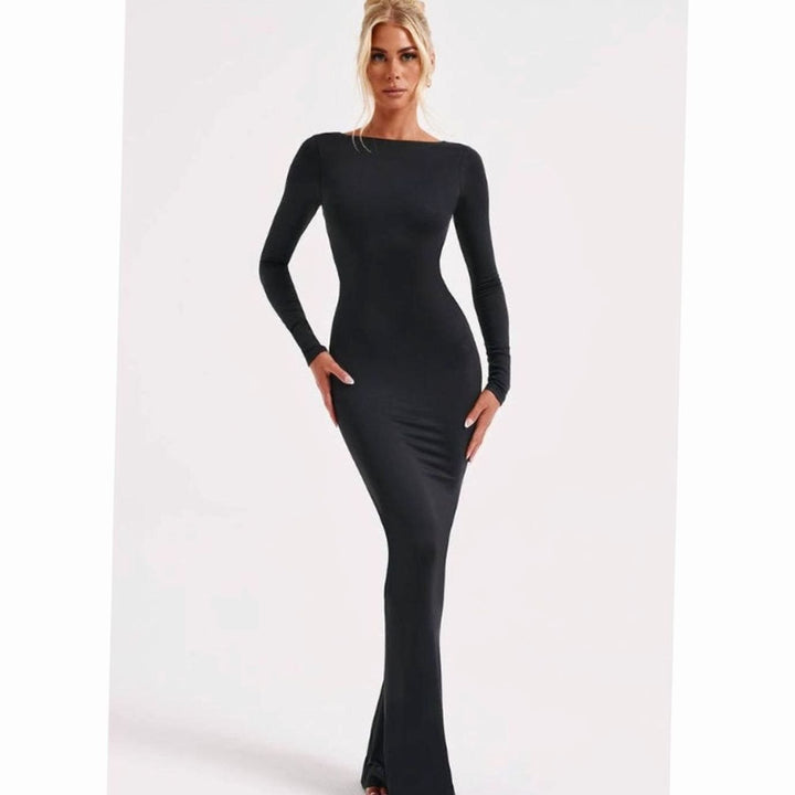 Women's Long-Sleeve Knit Maxi Wedding Guest Dress in Black