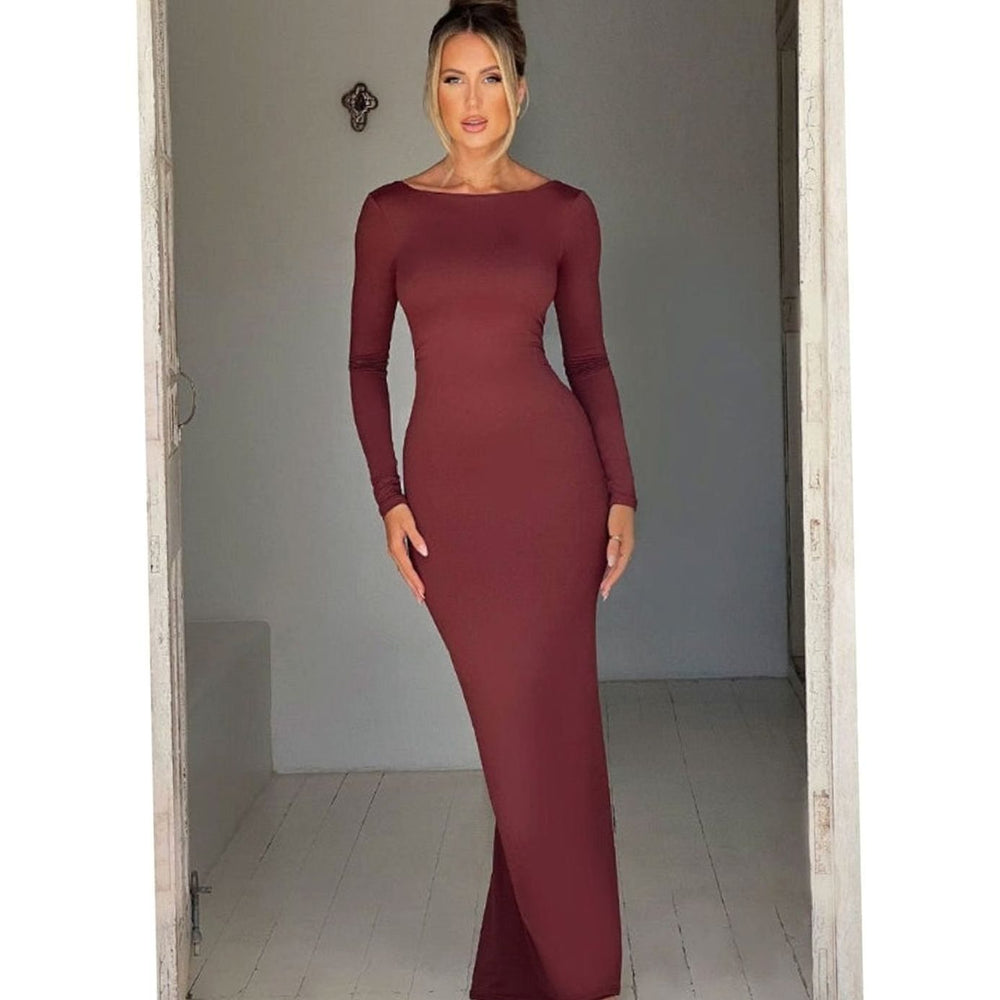 Women's Long-Sleeve Knit Maxi Wedding Guest Dress in Red