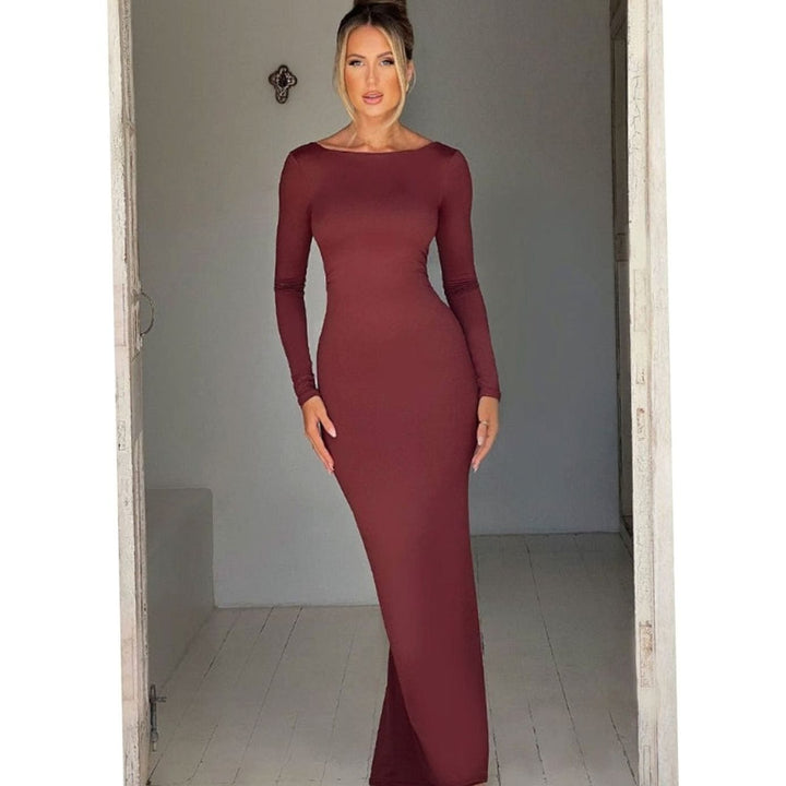 Women's Long-Sleeve Knit Maxi Wedding Guest Dress in Red