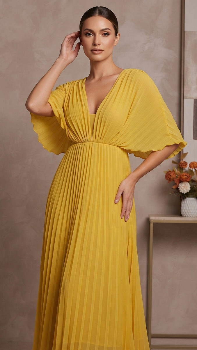Women's Long-Sleeve Pleated Maxi Wedding Guest Dress (2)