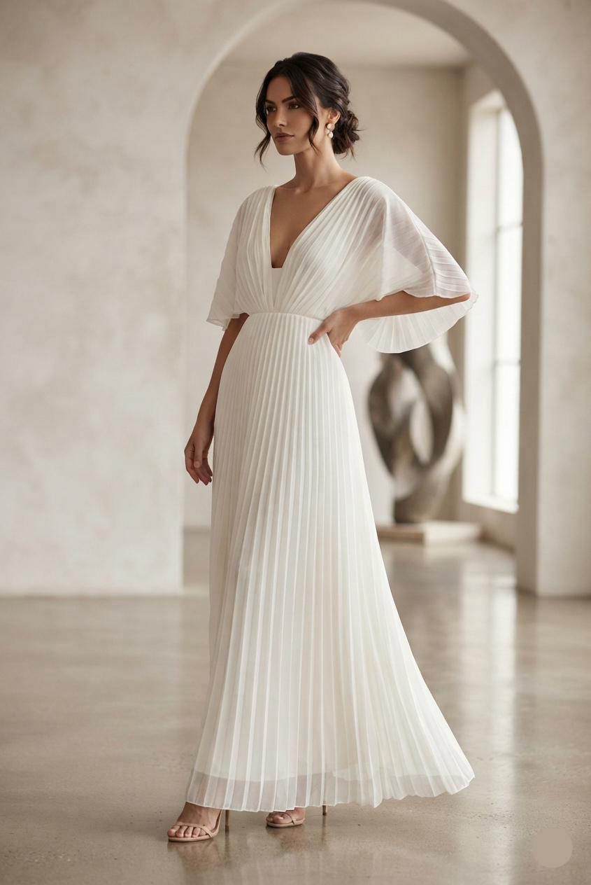 Women's Long-Sleeve Pleated Maxi Wedding Guest Dress (3)