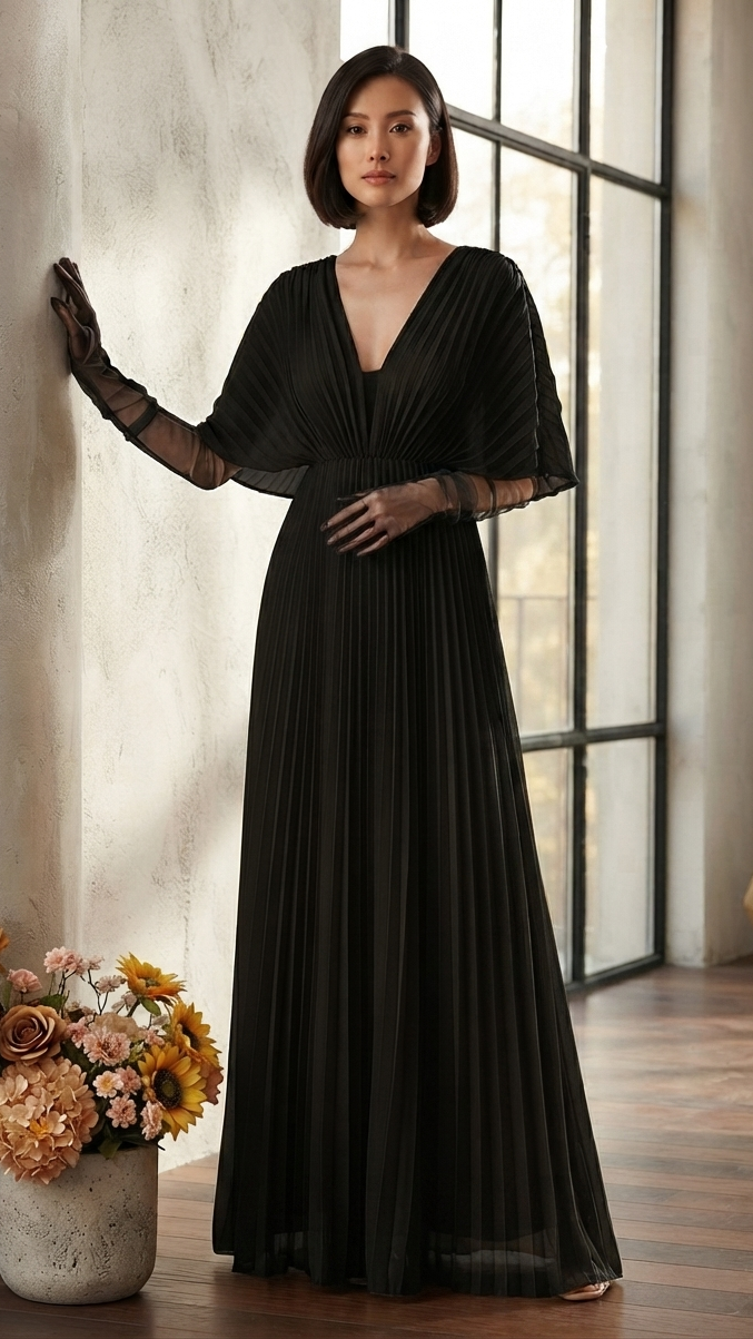 Women's Long-Sleeve Pleated Maxi Wedding Guest Dress in Black