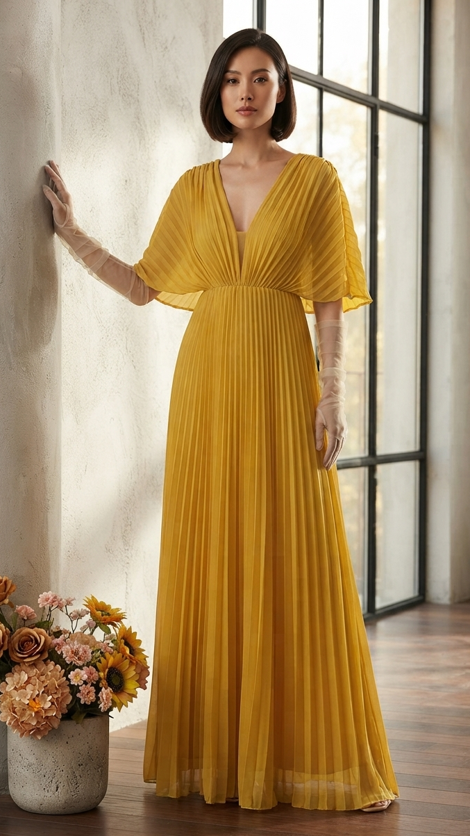 Women's Long-Sleeve Pleated Maxi Wedding Guest Dress in Yellow