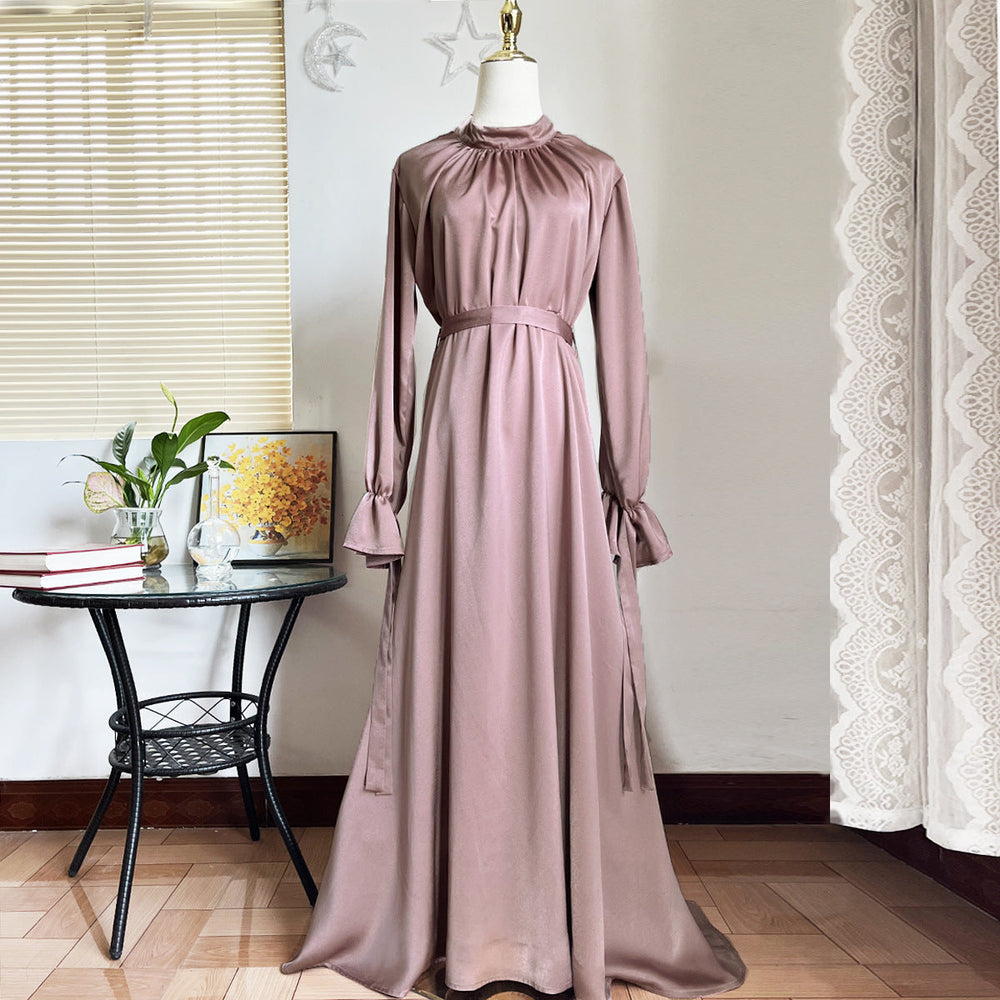 Women's Long Sleeve Satin Christmas Party Dress in Pink