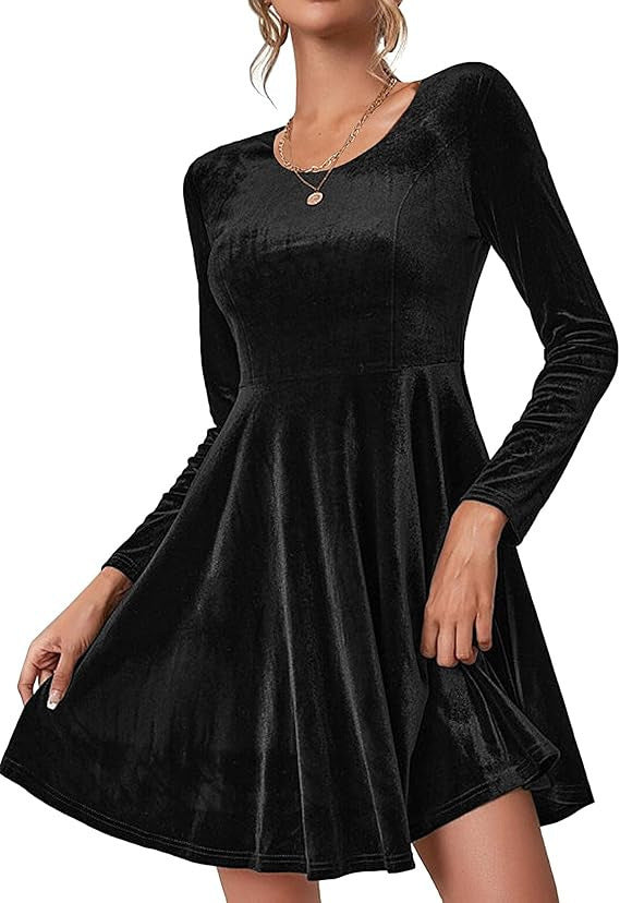 Women's Long-Sleeved Velvet A-Line Party Dress in Black