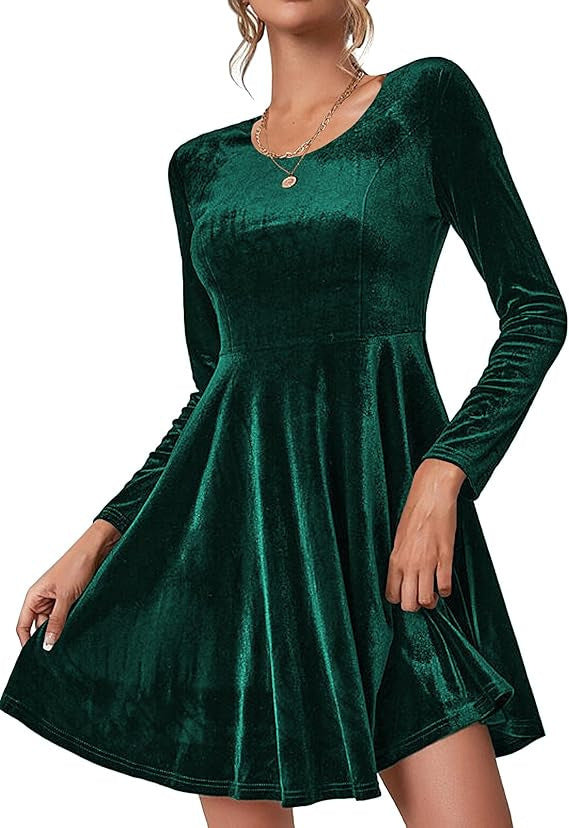 Women's Long-Sleeved Velvet A-Line Party Dress in Green