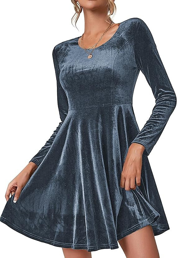 Women's Long-Sleeved Velvet A-Line Party Dress in Light Blue