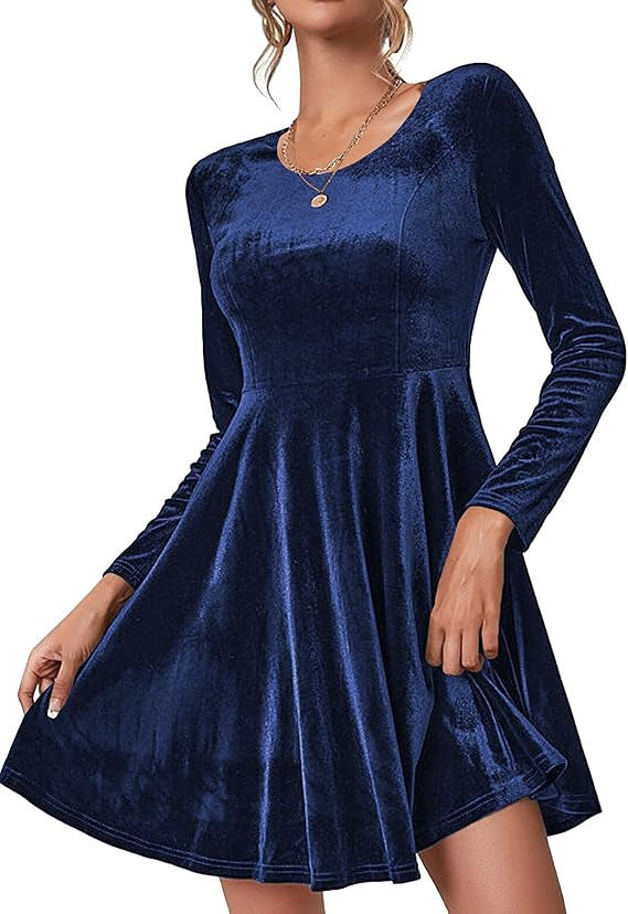 Women's Long-Sleeved Velvet A-Line Party Dress in Navy Blue