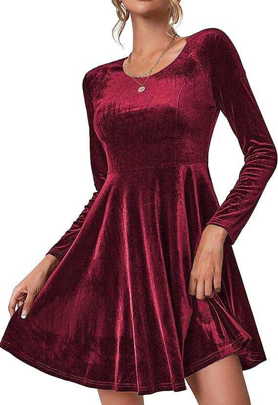 Women's Long-Sleeved Velvet A-Line Party Dress in Red