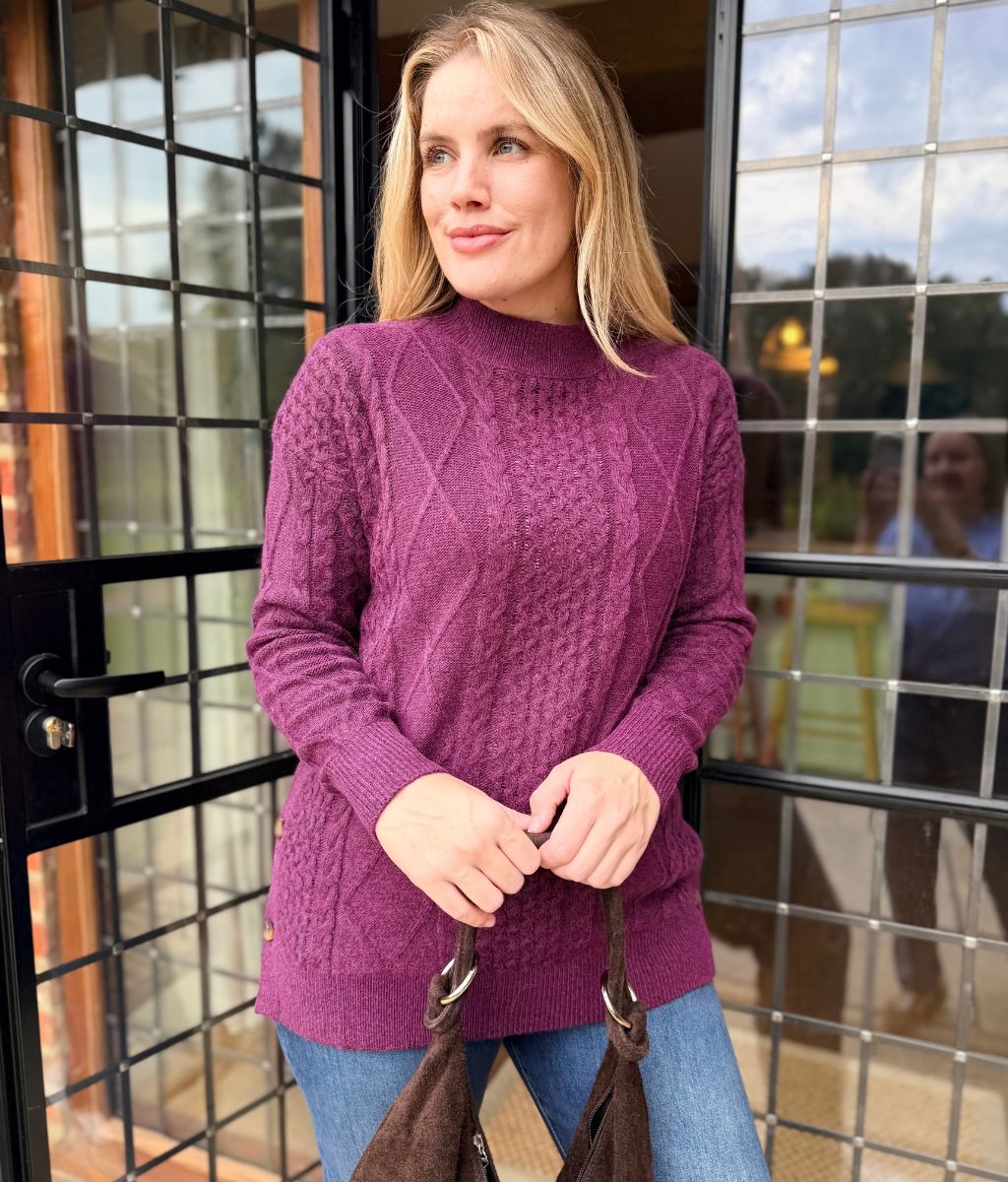 Women's Longline Cable Knit Jumper Dress for Winter in Purple 2