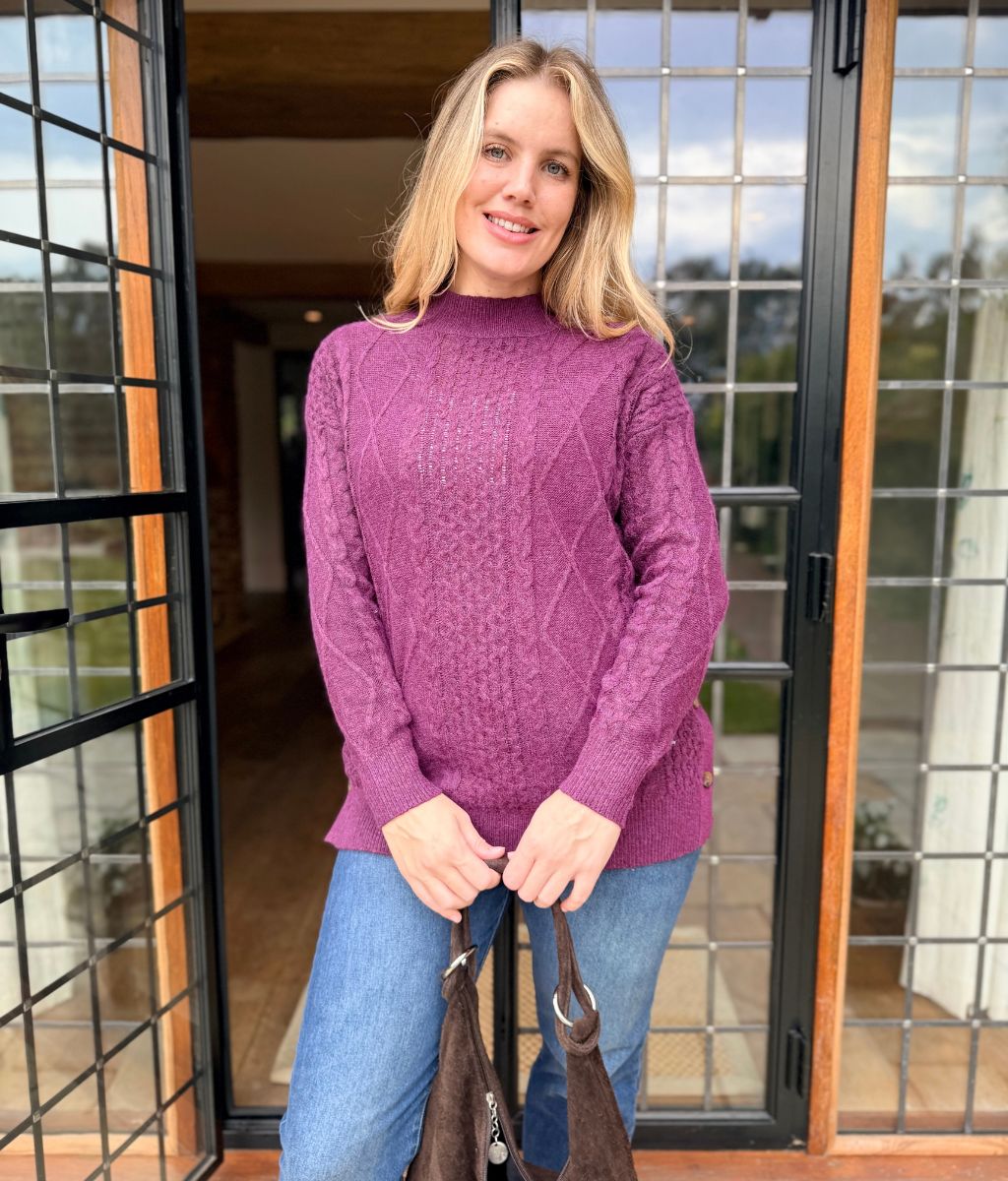 Women's Longline Cable Knit Jumper Dress for Winter in Purple 3