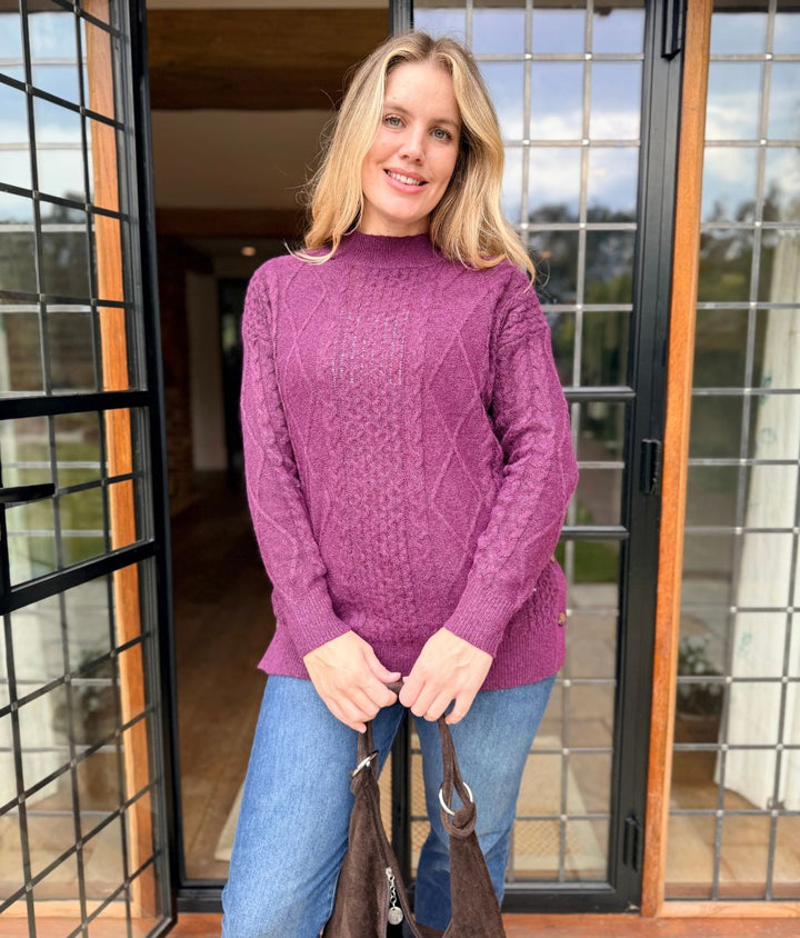Women's Longline Cable Knit Jumper Dress for Winter in Purple 3