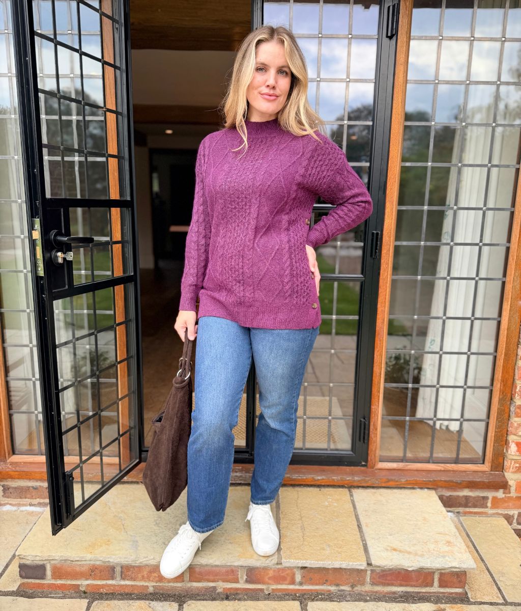 Women's Longline Cable Knit Jumper Dress for Winter in Purple 5