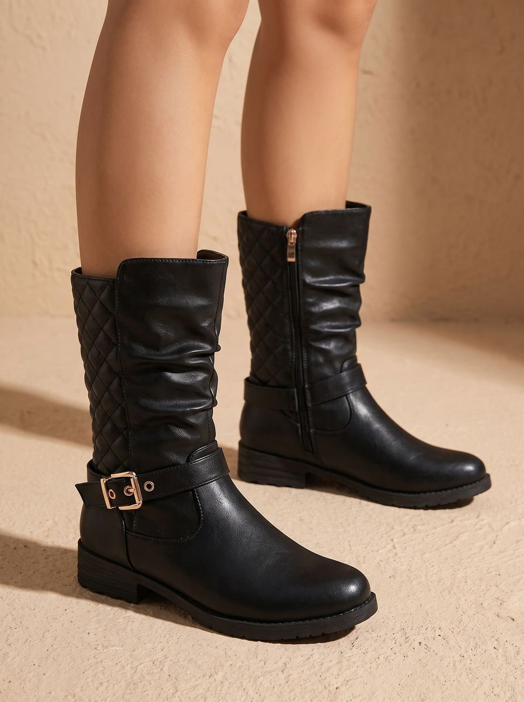 Women's Mid-Calf Cowboy Boots with Buckle in Gold-coloured 1