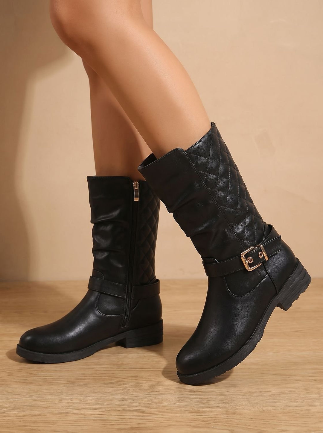 Women's Mid-Calf Cowboy Boots with Buckle in Gold-coloured 7