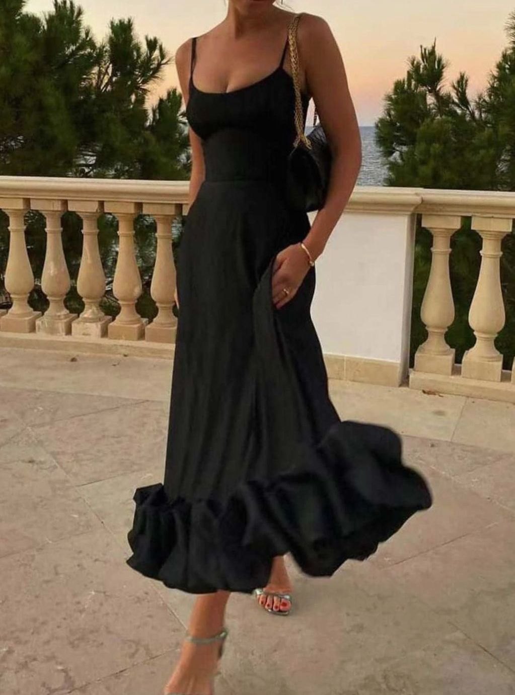 Women's Midi A-Line Wedding Guest Dress in Black