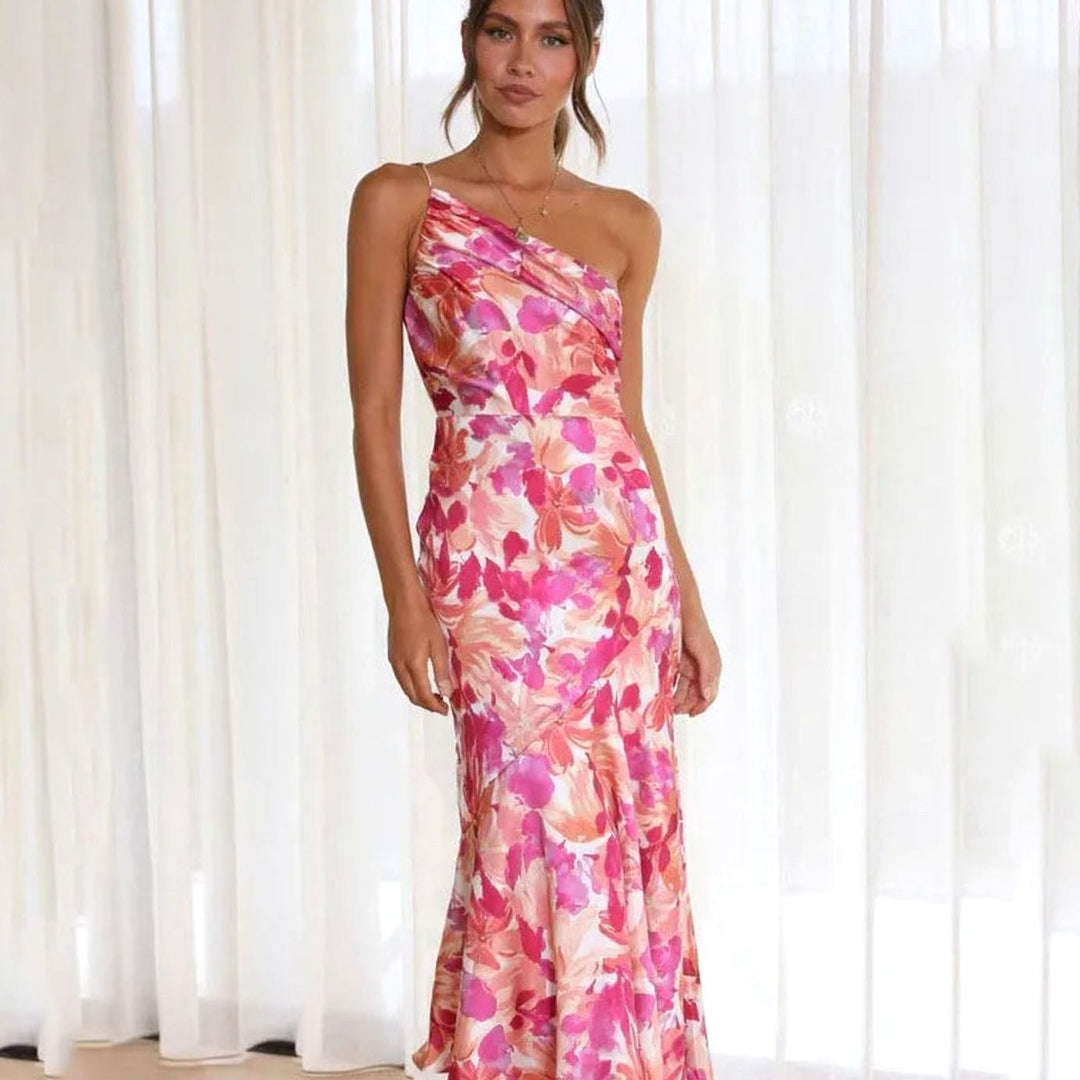 Women's Midi Wedding Guest Dress in Florals in Pink