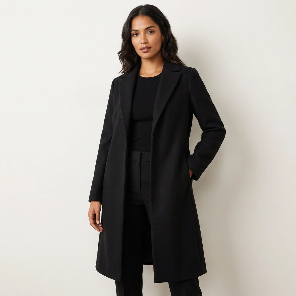 Women's Midi Wool Coat for Autumn in Black