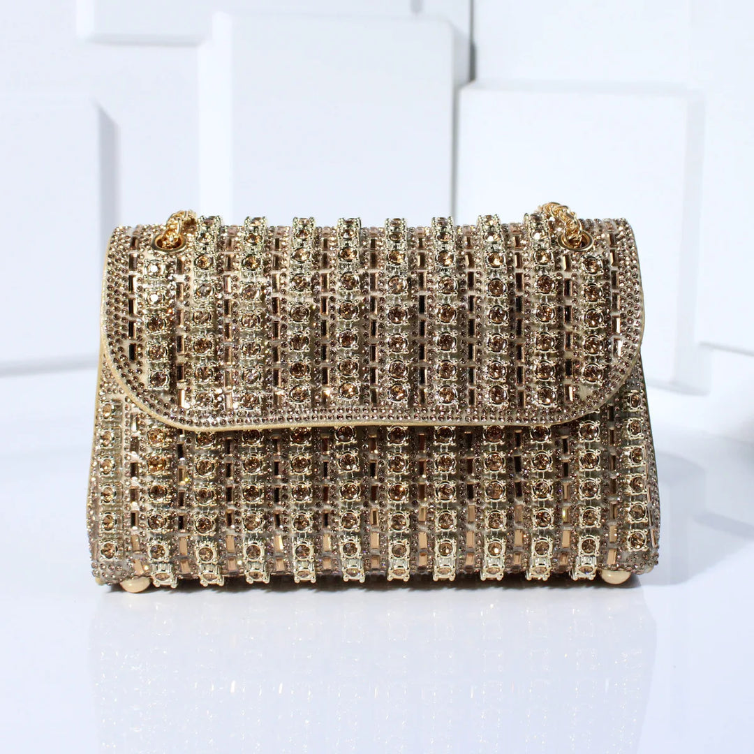 Women's Mini Rhinestone Evening Tote Bag in Gold-coloured