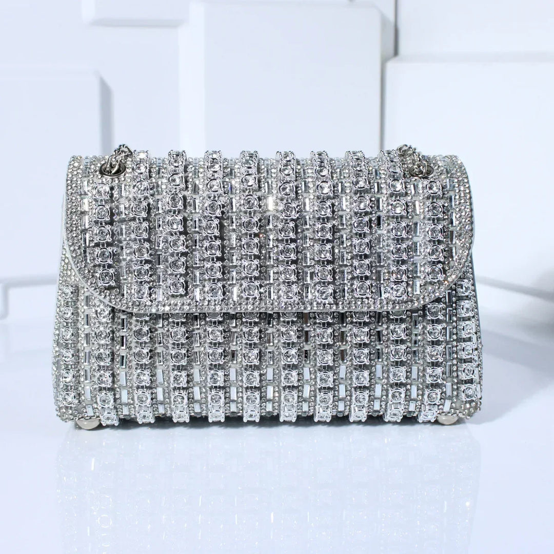 Women's Mini Rhinestone Evening Tote Bag in Silver-coloured