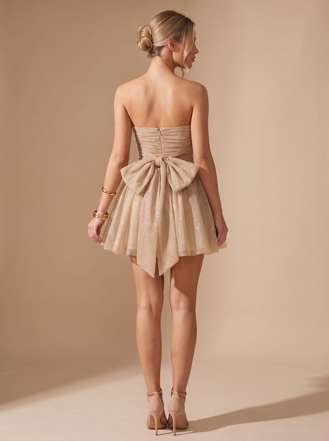 Women's Mini Strapless Sequin Party Dress in Gold-coloured