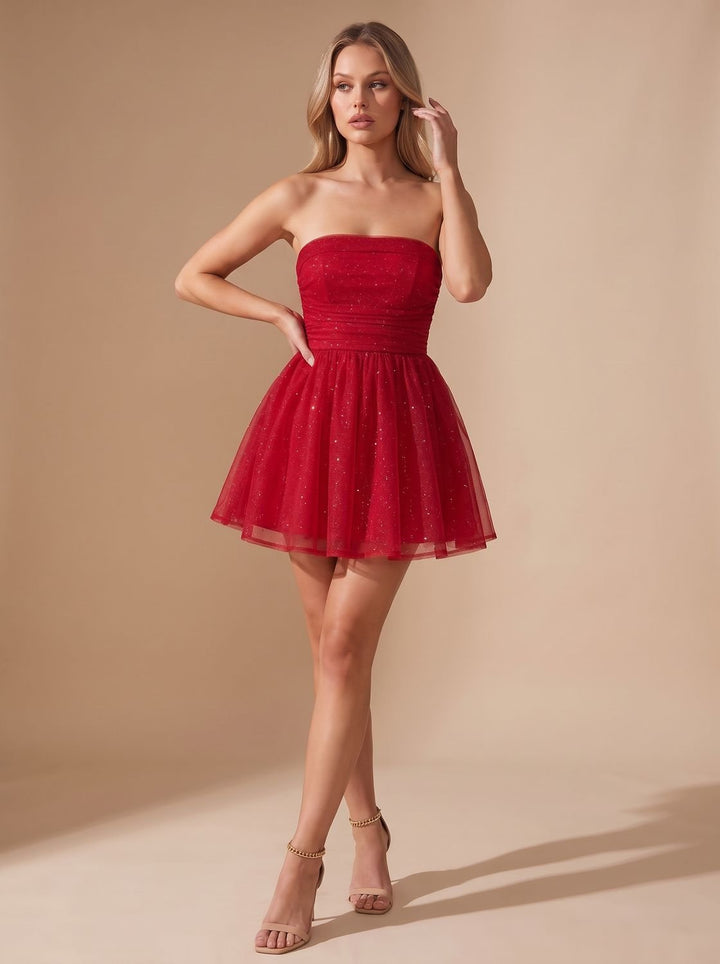 Women's Mini Strapless Sequin Party Dress in Red