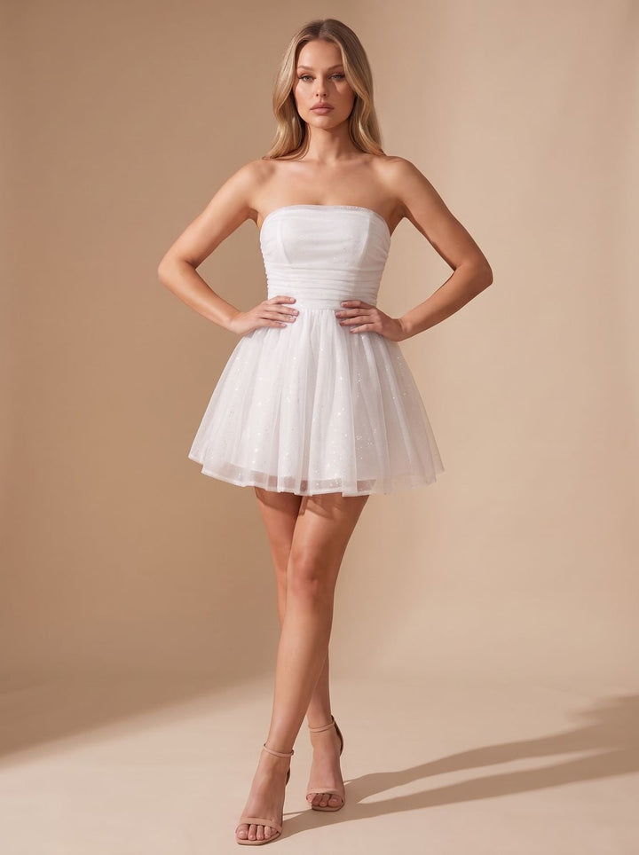 Women's Mini Strapless Sequin Party Dress in White