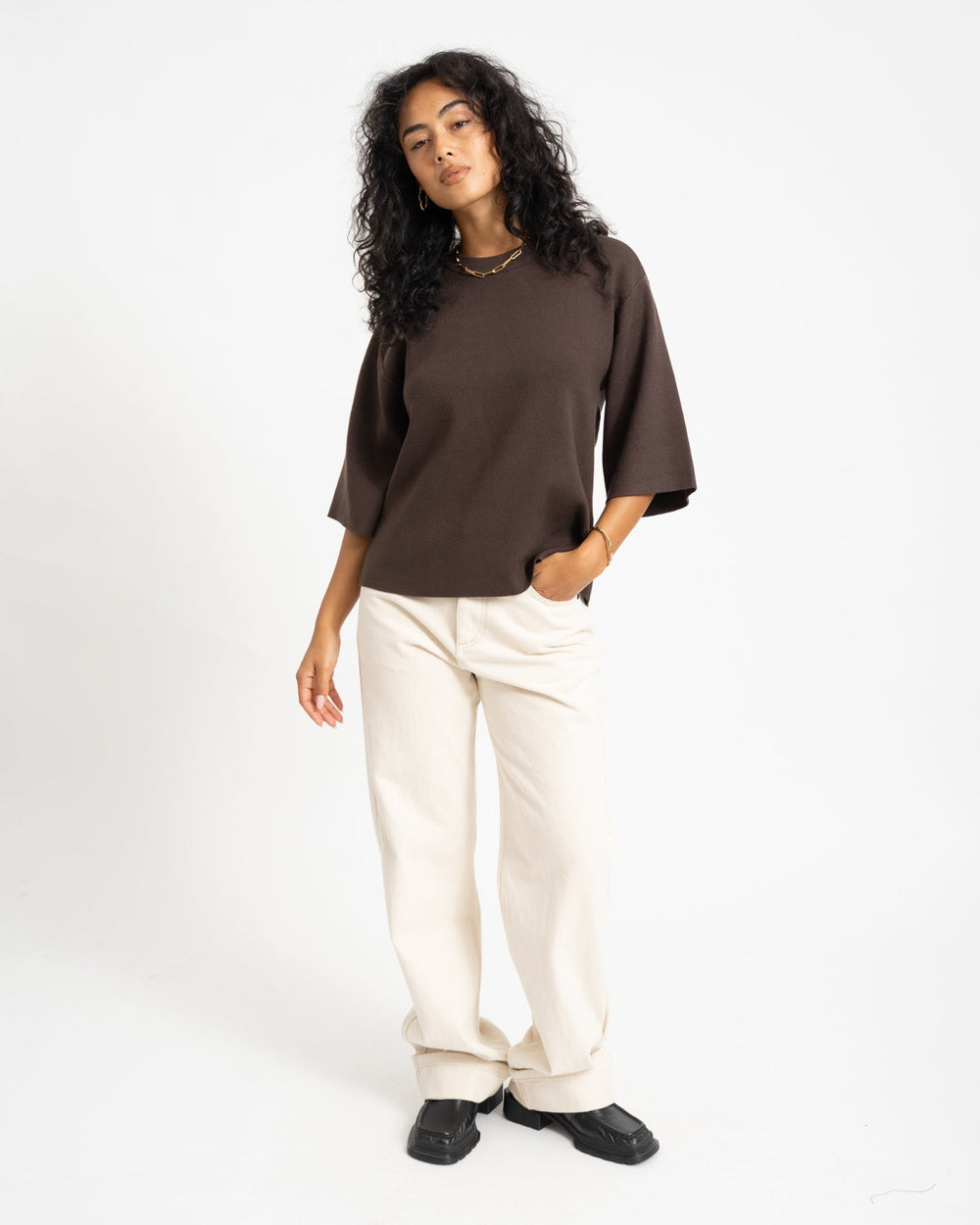 Women's Minimal Brown Knit Jumper Dress in Brown 2