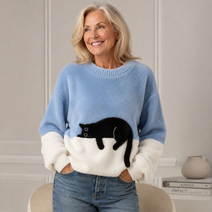 Women's Oversized Casual Jumper with Cat Motif in Light Blue