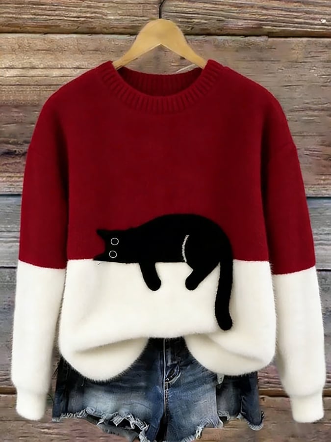 Women's Oversized Casual Jumper with Cat Motif in Red