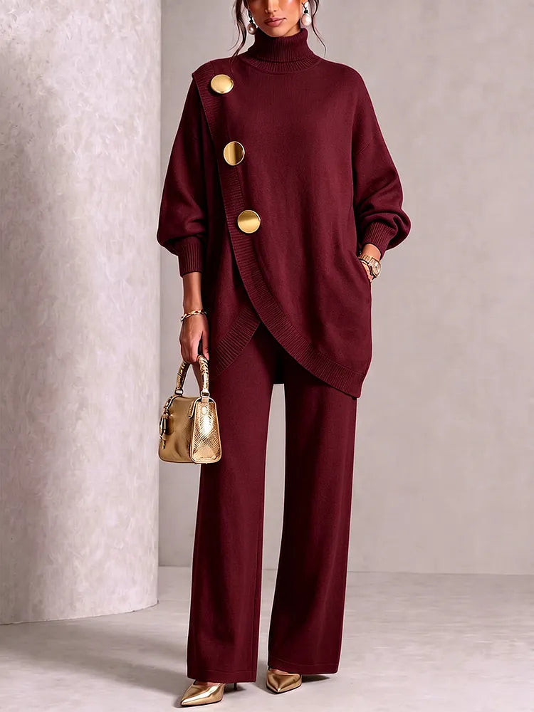 Women's Oversized Knit Jumper Dress and Pants in Wine