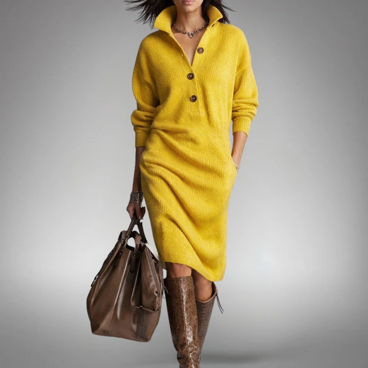 Women's Oversized Knit Jumper Midi Dress in Yellow