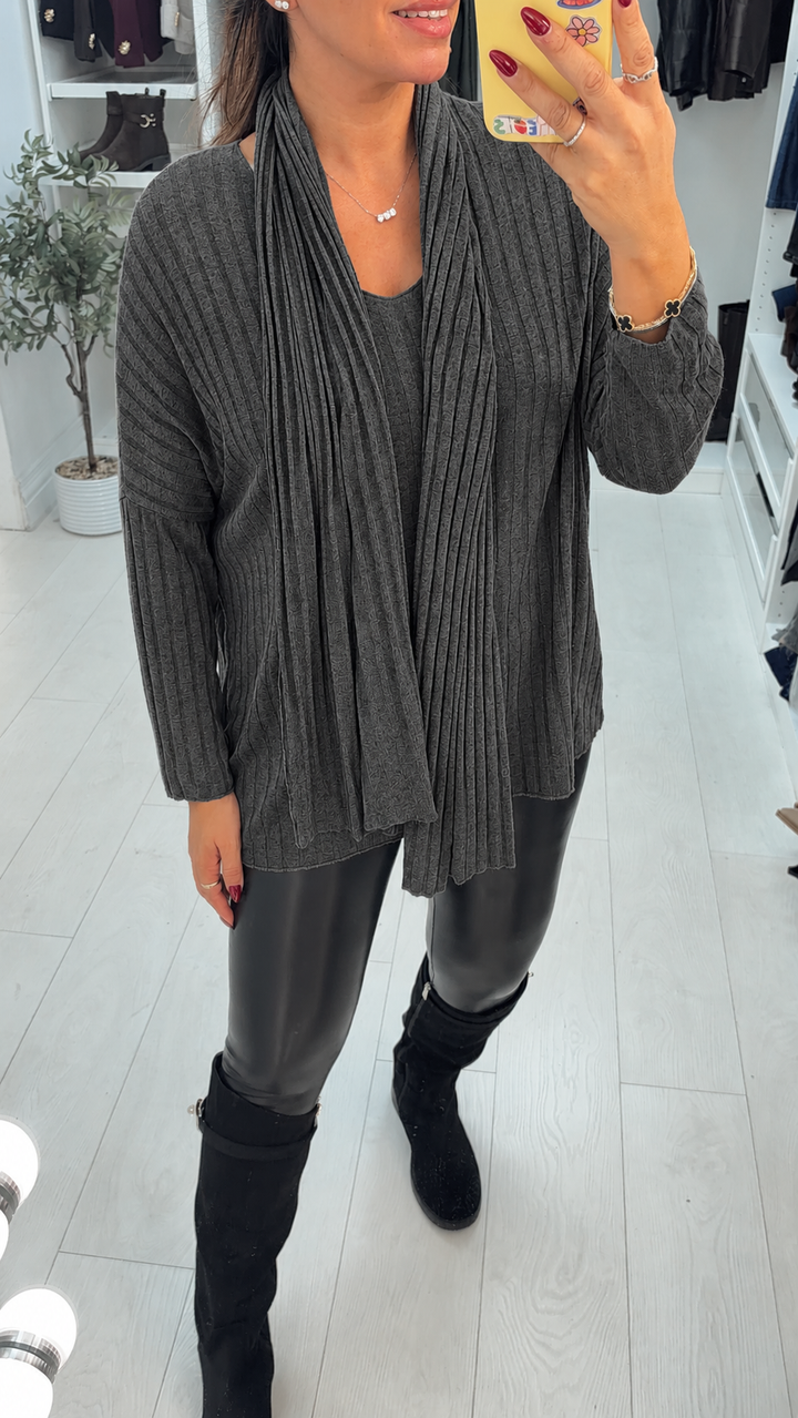 Women's Oversized Ribbed Viscose Jumper Dress in Dark Grey