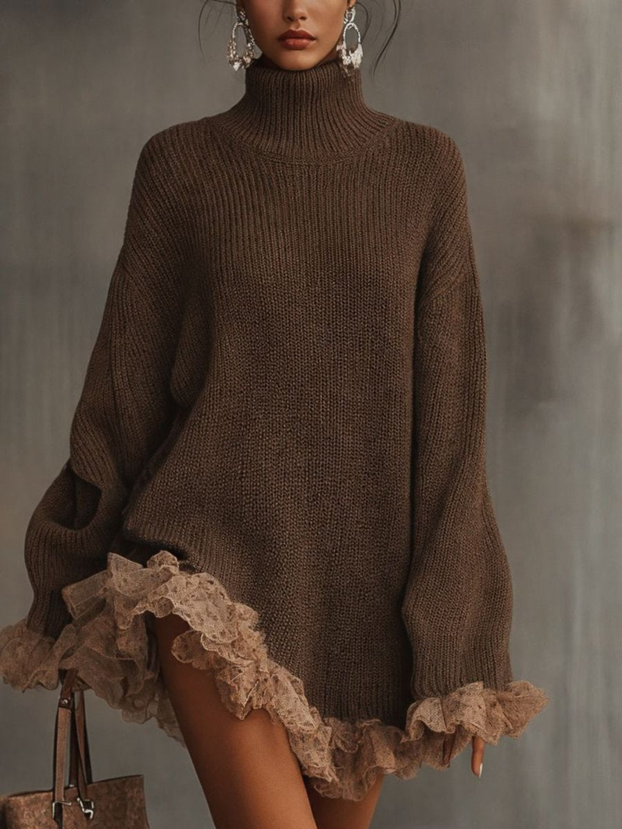 Women's Oversized Ruffled Jumper Dress for Autumn in Brown