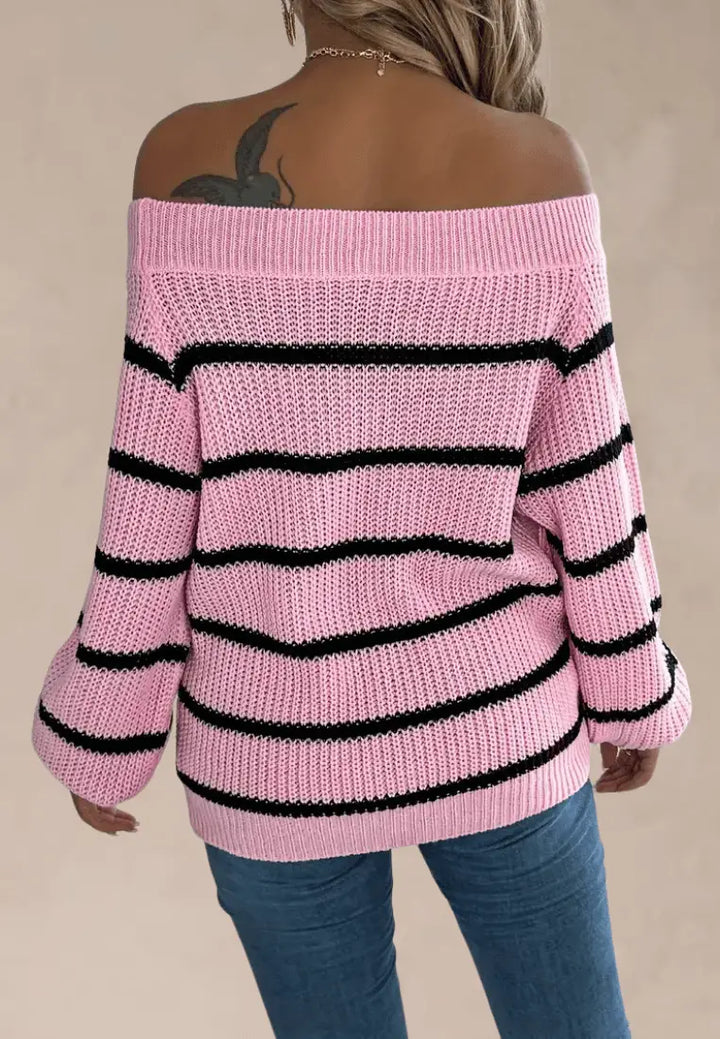 Women's Oversized Striped Jumper with Bardot Neckline (2)
