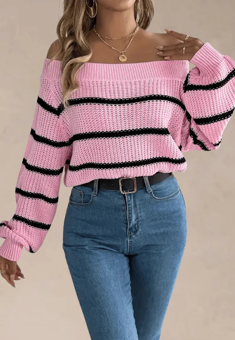 Women's Oversized Striped Jumper with Bardot Neckline (3)