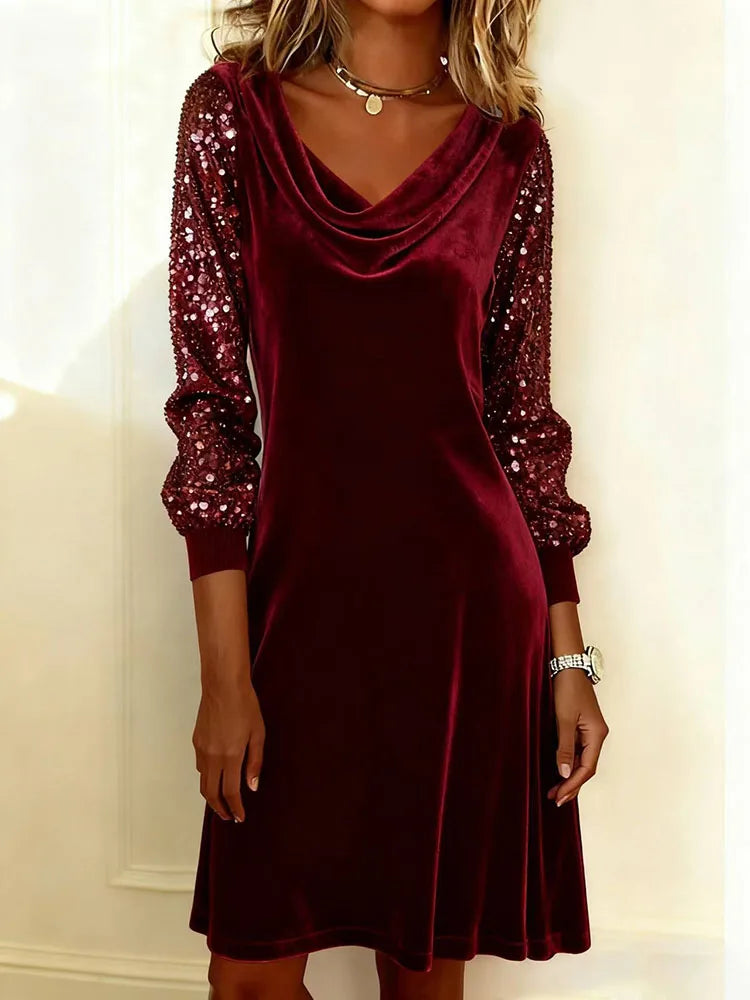 Women's Party Midi Dress in Luxe Velvet in Dark Red