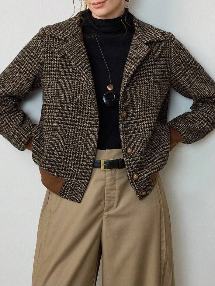 Women's Puffer Coat Cropped Tweed in Dark Brown