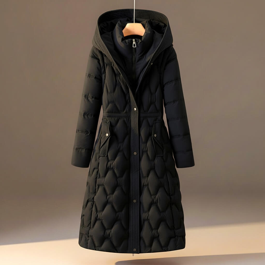 Women's Puffer Jacket with Hood for Winter in Midnight Black