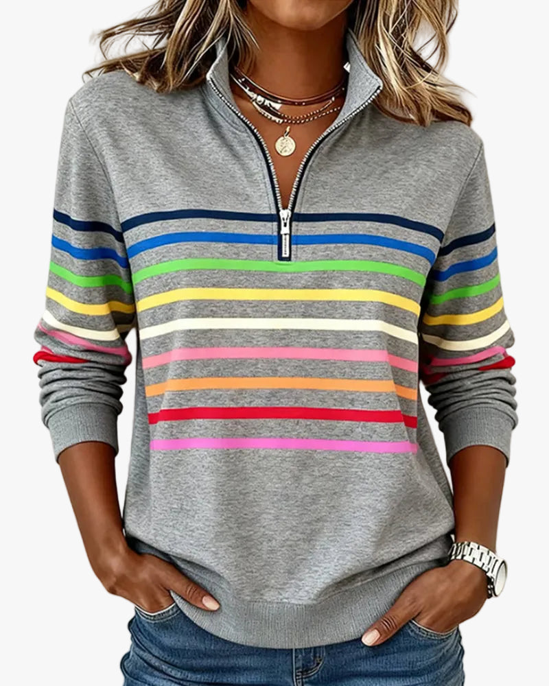 Women's Quarter Zip Striped Knit Sweater in Grey