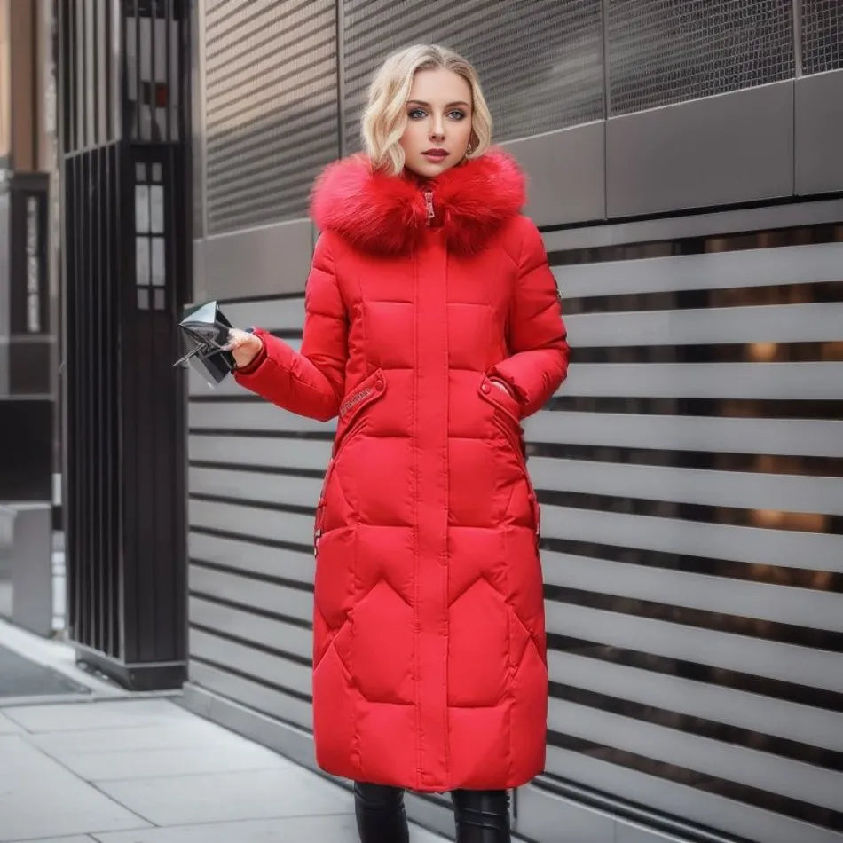 Women's Quilted Puffer Winter Coat in Red