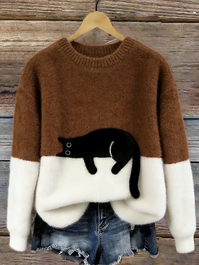 Women's Relaxed Cat Print Pullover Sweater in Brown
