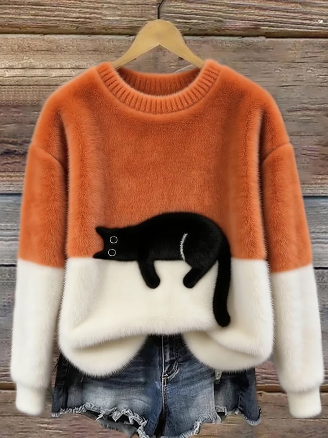 Women's Relaxed Cat Print Pullover Sweater in Orange